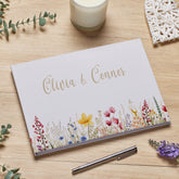 Large Personalised Wedding Guest Book Linen Cover Unique Wedding Guestbook With Flower Design