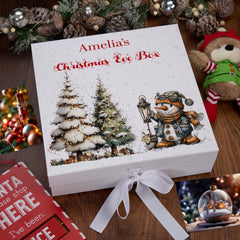 Personalised White Christmas Eve Gift Box With Snowman Design Special Christmas Keepsake Memory Storage