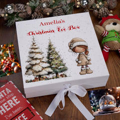 Personalised White Christmas Eve Gift Box With Adorable Elf Special Christmas Keepsake Memory Storage