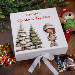 Personalised White Christmas Eve Gift Box With Adorable Elf Special Christmas Keepsake Memory Storage