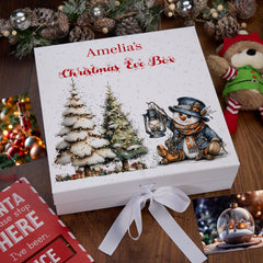 Personalised White Christmas Eve Gift Box With Snowman Design Special Christmas Keepsake Memory Storage