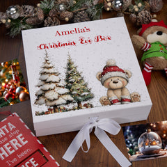 Personalised White Christmas Eve Gift Box With Teddy Bear Design Special Christmas Keepsake Memory Storage