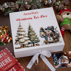 Personalised White Christmas Eve Gift Box With Snowman Design Special Christmas Keepsake Memory Storage