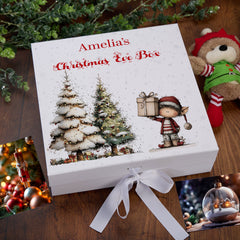 Personalised White Christmas Eve Gift Box With Adorable Elf Special Christmas Keepsake Memory Storage
