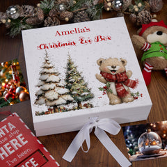 Personalised White Christmas Eve Gift Box With Teddy Bear Design Special Christmas Keepsake Memory Storage