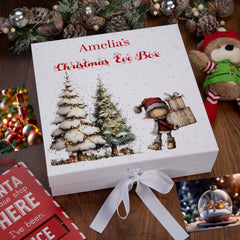 Personalised White Christmas Eve Gift Box With Adorable Elf Special Christmas Keepsake Memory Storage