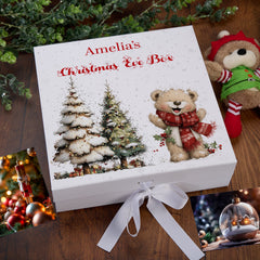 Personalised White Christmas Eve Gift Box With Teddy Bear Design Special Christmas Keepsake Memory Storage