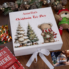 Personalised White Christmas Eve Gift Box With Teddy Bear Design Special Christmas Keepsake Memory Storage