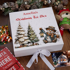 Personalised White Christmas Eve Gift Box With Snowman Design Special Christmas Keepsake Memory Storage