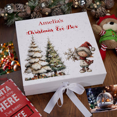Personalised White Christmas Eve Gift Box With Adorable Elf Special Christmas Keepsake Memory Storage