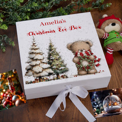 Personalised White Christmas Eve Gift Box With Teddy Bear Design Special Christmas Keepsake Memory Storage