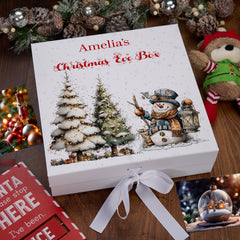 Personalised White Christmas Eve Gift Box With Snowman Design Special Christmas Keepsake Memory Storage