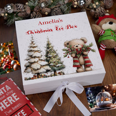 Personalised White Christmas Eve Gift Box With Teddy Bear Design Special Christmas Keepsake Memory Storage
