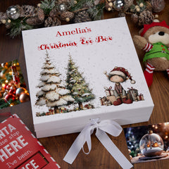 Personalised White Christmas Eve Gift Box With Adorable Elf Special Christmas Keepsake Memory Storage