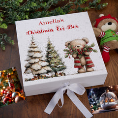 Personalised White Christmas Eve Gift Box With Teddy Bear Design Special Christmas Keepsake Memory Storage