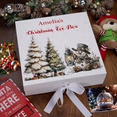 Personalised White Christmas Eve Gift Box With Snowman Design Special Christmas Keepsake Memory Storage