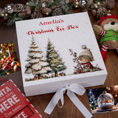 Personalised White Christmas Eve Gift Box With Adorable Elf Special Christmas Keepsake Memory Storage