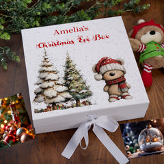 Personalised White Christmas Eve Gift Box With Teddy Bear Design Special Christmas Keepsake Memory Storage