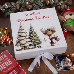 Personalised White Christmas Eve Gift Box With Adorable Elf Special Christmas Keepsake Memory Storage