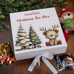 Personalised White Christmas Eve Gift Box With Teddy Bear Design Special Christmas Keepsake Memory Storage