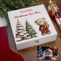 Personalised White Christmas Eve Gift Box With Teddy Bear Design Special Christmas Keepsake Memory Storage