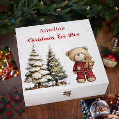 Personalised White Christmas Eve Gift Box With Teddy Bear Design Special Christmas Keepsake Memory Storage