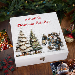 Personalised White Christmas Eve Gift Box With Snowman Design Special Christmas Keepsake Memory Storage