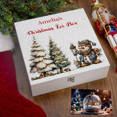 Personalised White Christmas Eve Gift Box With Snowman Design Special Christmas Keepsake Memory Storage