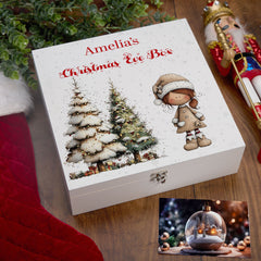 Personalised White Christmas Eve Gift Box With Adorable Elf Special Christmas Keepsake Memory Storage