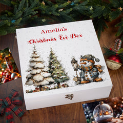 Personalised White Christmas Eve Gift Box With Snowman Design Special Christmas Keepsake Memory Storage