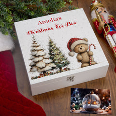 Personalised White Christmas Eve Gift Box With Teddy Bear Design Special Christmas Keepsake Memory Storage