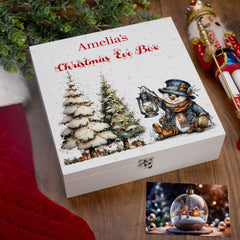 Personalised White Christmas Eve Gift Box With Snowman Design Special Christmas Keepsake Memory Storage