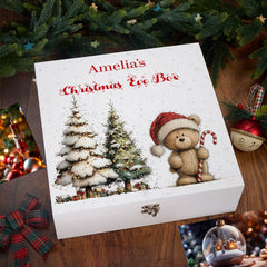 Personalised White Christmas Eve Gift Box With Teddy Bear Design Special Christmas Keepsake Memory Storage