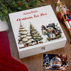 Personalised White Christmas Eve Gift Box With Snowman Design Special Christmas Keepsake Memory Storage