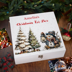 Personalised White Christmas Eve Gift Box With Snowman Design Special Christmas Keepsake Memory Storage