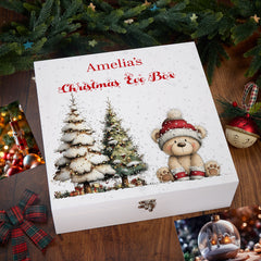 Personalised White Christmas Eve Gift Box With Teddy Bear Design Special Christmas Keepsake Memory Storage
