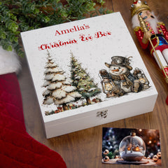Personalised White Christmas Eve Gift Box With Snowman Design Special Christmas Keepsake Memory Storage