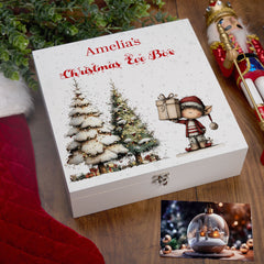 Personalised White Christmas Eve Gift Box With Adorable Elf Special Christmas Keepsake Memory Storage