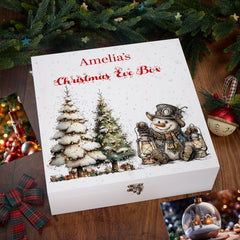 Personalised White Christmas Eve Gift Box With Snowman Design Special Christmas Keepsake Memory Storage