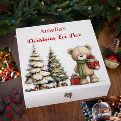 Personalised White Christmas Eve Gift Box With Teddy Bear Design Special Christmas Keepsake Memory Storage
