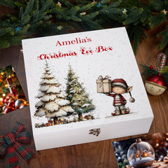 Personalised White Christmas Eve Gift Box With Adorable Elf Special Christmas Keepsake Memory Storage