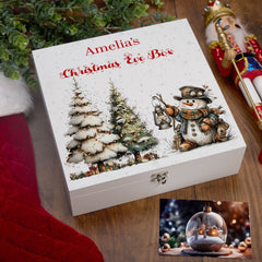 Personalised White Christmas Eve Gift Box With Snowman Design Special Christmas Keepsake Memory Storage