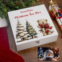 Personalised White Christmas Eve Gift Box With Teddy Bear Design Special Christmas Keepsake Memory Storage