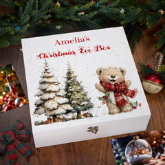 Personalised White Christmas Eve Gift Box With Teddy Bear Design Special Christmas Keepsake Memory Storage