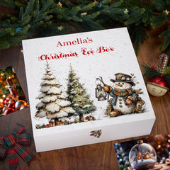 Personalised White Christmas Eve Gift Box With Snowman Design Special Christmas Keepsake Memory Storage