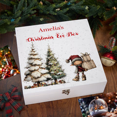 Personalised White Christmas Eve Gift Box With Adorable Elf Special Christmas Keepsake Memory Storage