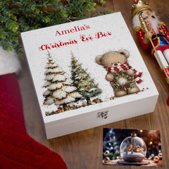 Personalised White Christmas Eve Gift Box With Teddy Bear Design Special Christmas Keepsake Memory Storage