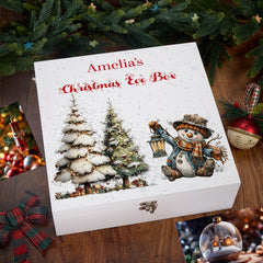 Personalised White Christmas Eve Gift Box With Snowman Design Special Christmas Keepsake Memory Storage