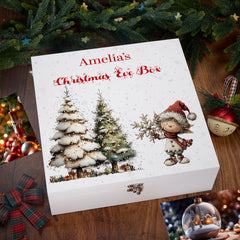 Personalised White Christmas Eve Gift Box With Adorable Elf Special Christmas Keepsake Memory Storage