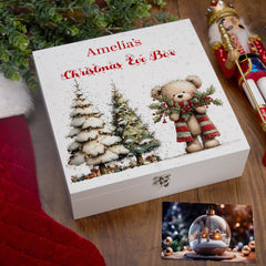 Personalised White Christmas Eve Gift Box With Teddy Bear Design Special Christmas Keepsake Memory Storage